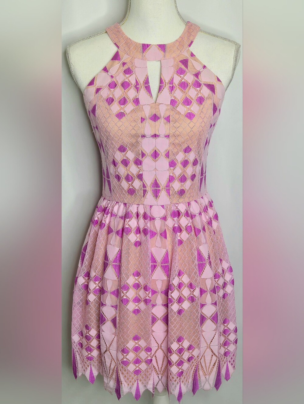 Gianni Bini Pink Harlequin Deco Geometric Lace Keyhole Fit & Flare Dress 6